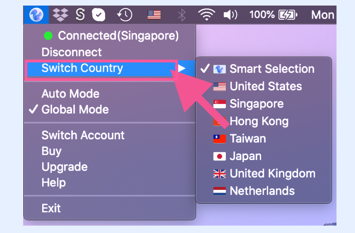 SquirrelVPN switch country